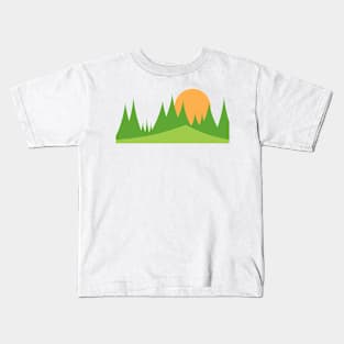 Green mountains layer with orange sun in the background Kids T-Shirt